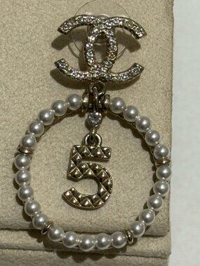Chanel No.5 Perfume Bottle Asymmetrical Pearl Hoop Earrings